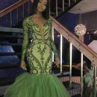 Elegant Green Arabic African Mermaid Prom Dresses Long Black Girls Long Sleeves Prom Gowns vestido de novia - Thumbnail 1