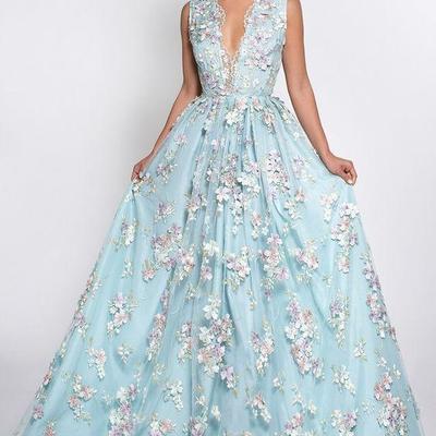 Mint blue sexy 3d floral appliqued prom dresses long deep v-neck party dress floor length illusion back tulle formal evening gowns