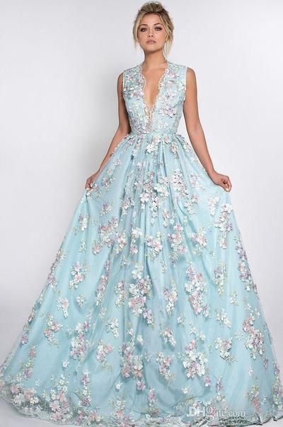 Mint Blue Sexy 3D Floral Appliqued Prom Dresses Long Deep V-Neck Party Dress Floor Length Illusion Back Tulle Formal Evening Gowns