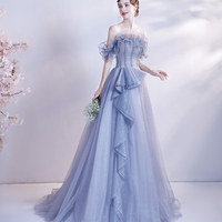 Blue tulle sequins long ball gown dress formal dress - Thumbnail 2