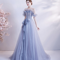 Blue tulle sequins long ball gown dress formal dress - Thumbnail 4