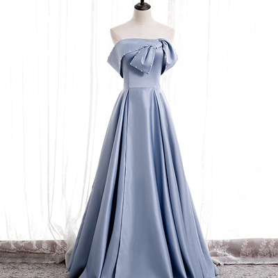 Blue satin long prom dress with pearls, blue a-line strapless party dress - Thumbnail 1