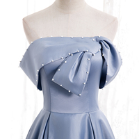 Blue Satin Long Prom Dress with Pearls, Blue A-Line Strapless Party Dress - Thumbnail 1