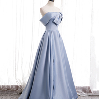 Blue Satin Long Prom Dress with Pearls, Blue A-Line Strapless Party Dress - Thumbnail 2