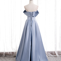 Blue Satin Long Prom Dress with Pearls, Blue A-Line Strapless Party Dress - Thumbnail 3