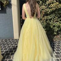 A Line Yellow Long Backless Prom Dresses - Thumbnail 1