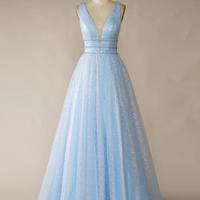 Floor Length Light Blue Tulle Long Prom Dress - Thumbnail 1