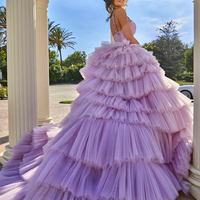 Fashion Ball Gown V Neck Lavender Tulle Prom Dresses with Beading - Thumbnail 1