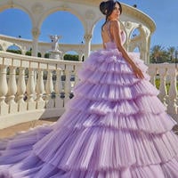 Fashion Ball Gown V Neck Lavender Tulle Prom Dresses with Beading - Thumbnail 2