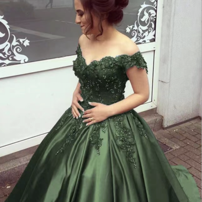 Olive green prom dresses with beaded lace princess gown - Thumbnail 1