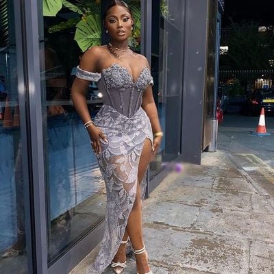 Grey mermaid off the shoulder lace bodice side slit prom dress evening dress