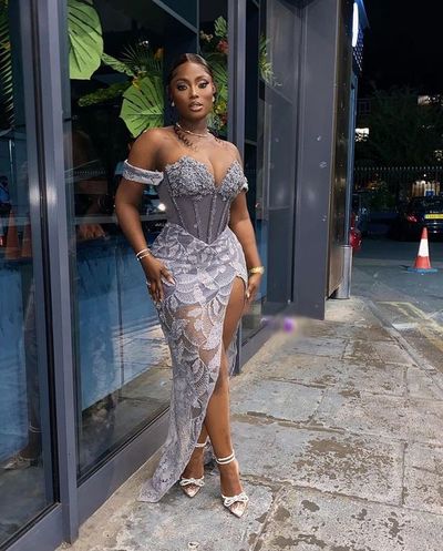 Grey Mermaid Off the Shoulder Lace Bodice SIde Slit Prom Dress Evening Dress