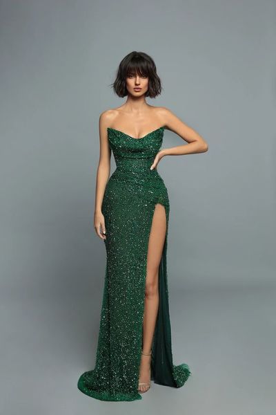 Dark Green Mermaid Sequins Lace Side Slit Prom Dress Evening Gowns