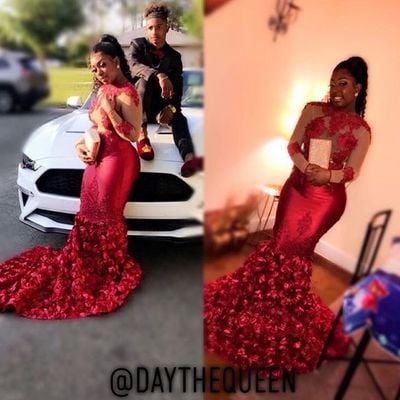 Red mermaid lace prom dress evening dress