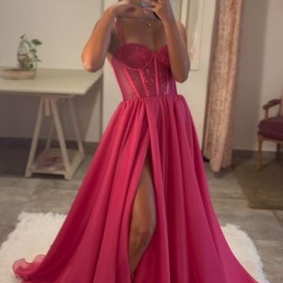 Hot pink a line lace bodice side slit prom dress evening gowns
