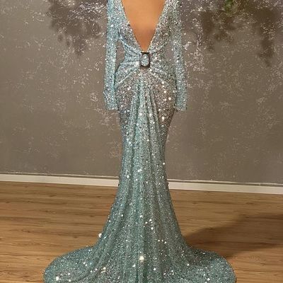 Mint green sexy deep v neck sequins lace  prom dress evening dress