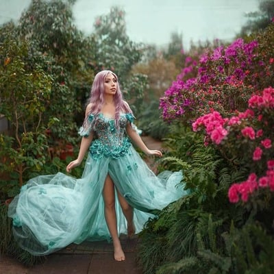 Plus size evening dresses off-shoulder applique crystals tulle split side floor length party dress blue prom dresses ball gown