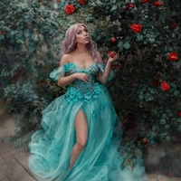 Plus Size Evening Dresses Off-Shoulder Applique Crystals Tulle Split Side Floor Length Party Dress Blue Prom Dresses Ball Gown - Thumbnail 1