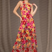 Halter Colorful Embroidery A-line Women Clothing Sleeveless See Through Floor Length Evening Dresses For Woman Custom Made - Thumbnail 1