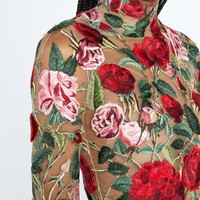 High Neck Flower Dress Printed Embroidered Mini Dress Long Sleeve See Through Rose Evening Dress For Wedding Party Custom Made - Thumbnail 1