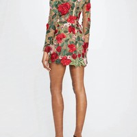 High Neck Flower Dress Printed Embroidered Mini Dress Long Sleeve See Through Rose Evening Dress For Wedding Party Custom Made - Thumbnail 2