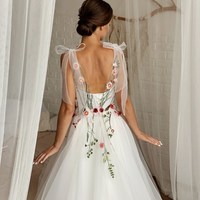 Fantasy Tie Bow White Wedding Dress Bohemian Floral Bridal Gown Fairy Sweetheart Corset A-line Dress With Embroidery Plus Size - Thumbnail 1