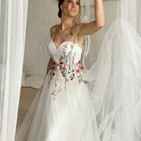 Fantasy Tie Bow White Wedding Dress Bohemian Floral Bridal Gown Fairy Sweetheart Corset A-line Dress With Embroidery Plus Size - Thumbnail 4