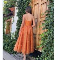Sweetheart Tulle Dress A-line Evening Dresses For Women Tea-Length Orange Women Clothing Sequins Pearls Birthdays Dress Elegant - Thumbnail 1