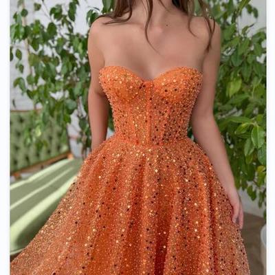 Sweetheart tulle dress a-line evening dresses for women tea-length orange women clothing sequins pearls birthdays dress elegant