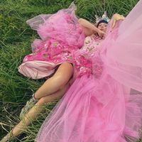 Light Pink Sweetheart Prom Dress Floral Dress Floor Length Long Evening Dress For Women Photo Shoot High Side Slit Tulle Dress - Thumbnail 2