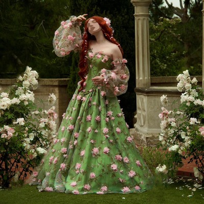 Green Prom Dress Garden Dress Starpless See-Through Dress Floral Dress Layered Tulle Dress Floral Print Evening Dress For Women