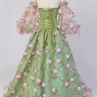 Green Prom Dress Garden Dress Starpless See-Through Dress Floral Dress Layered Tulle Dress Floral Print Evening Dress For Women - Thumbnail 4