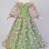 Green Prom Dress Garden Dress Starpless See-Through Dress Floral Dress Layered Tulle Dress Floral Print Evening Dress For Women - Thumbnail 6