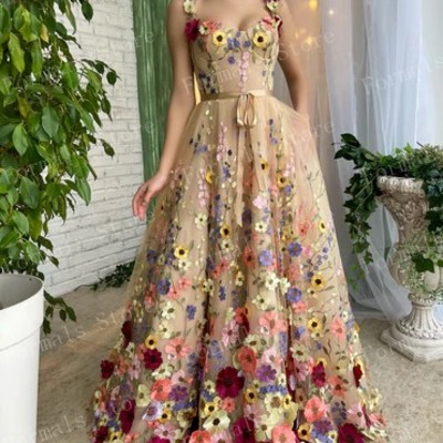A-line floral dress champagne tulle dress spaghetti strap dresses for women elegant long evening dresses prom dresses