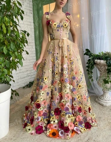 A-line Floral Dress Champagne Tulle Dress Spaghetti Strap Dresses For Women Elegant Long Evening Dresses Prom Dresses
