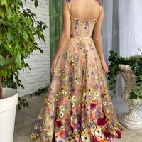 A-line Floral Dress Champagne Tulle Dress Spaghetti Strap Dresses For Women Elegant Long Evening Dresses Prom Dresses - Thumbnail 1