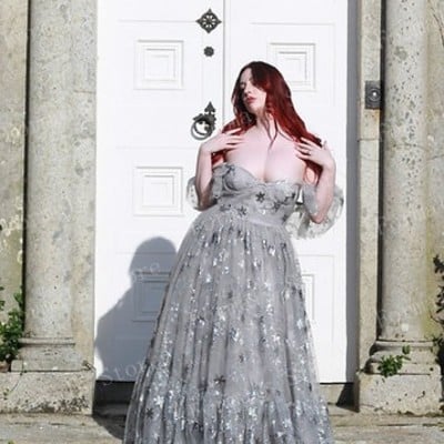 Off shoulder gary tulle dress ruffles evening dresses with train sequins start women's dresses free shipping bridal dresses