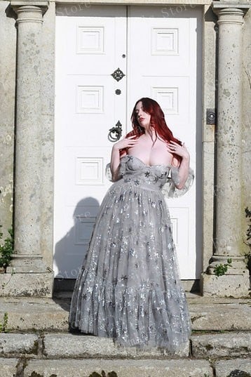 Off Shoulder Gary Tulle Dress Ruffles Evening Dresses With Train Sequins Start Women's Dresses Free Shipping Bridal Dresses