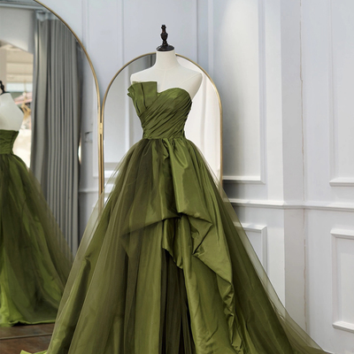 Green strapless satin long prom dress, beautiful a-line evening dress