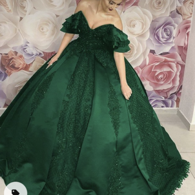 Green prom dresses princess gown with lace appliques - Thumbnail 1