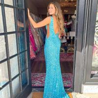 Sexy Mermaid V Neck Blue Sequins Prom Dresses - Thumbnail 1
