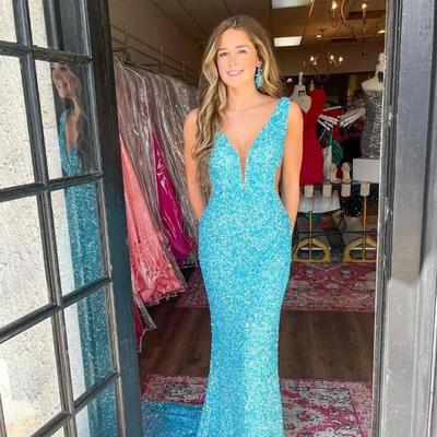 Sexy mermaid v neck blue sequins prom dresses - Thumbnail 1