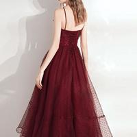 Tea Length Burgundy Tulle Prom Dresses - Thumbnail 1