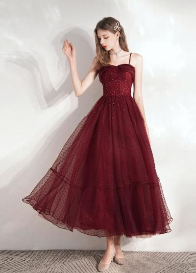 Tea Length Burgundy Tulle Prom Dresses