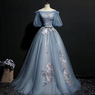 Unique gray blue tulle lace applique prom dresses