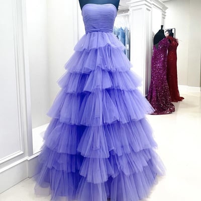 Purple tulle layers long prom dress, purple strapless formal evening dress - Thumbnail 2