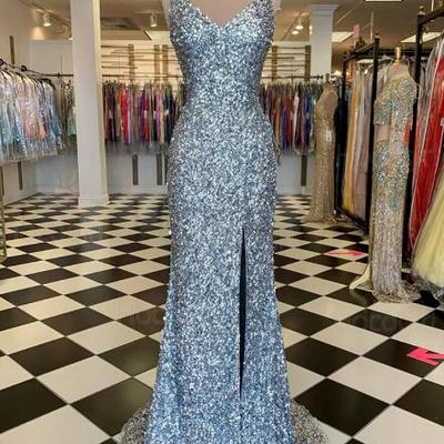 Mermaid v-neck silver sequin prom dress with slit - Thumbnail 4