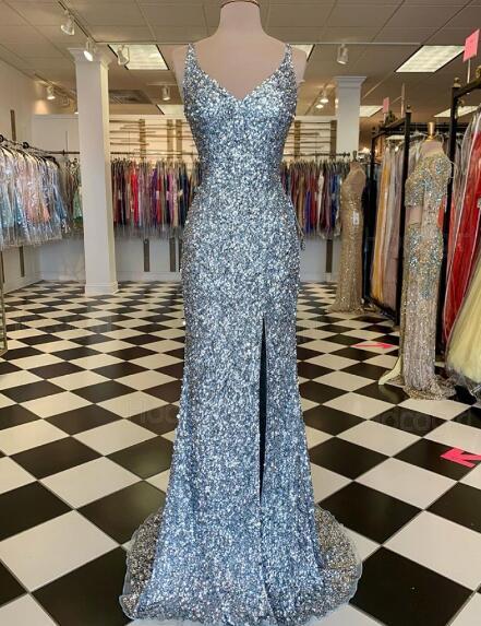 Mermaid V-Neck Silver Sequin Prom Dress With Slit