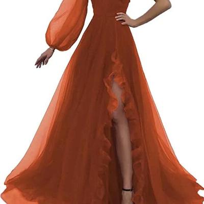 A line one shoulder burnt orange tulle prom dress with slit - Thumbnail 1