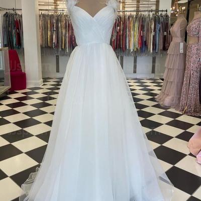 A line ruched tulle prom dress with straps 